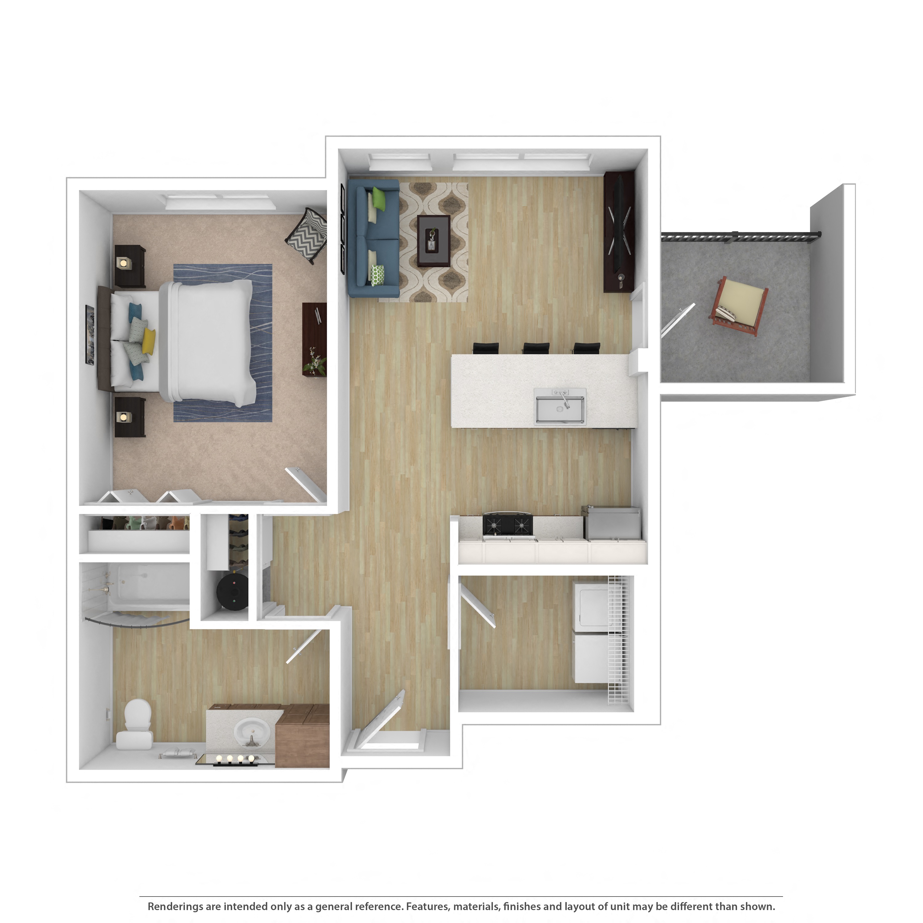Floor plan for 1 bed, 1 bath, 734 sqft